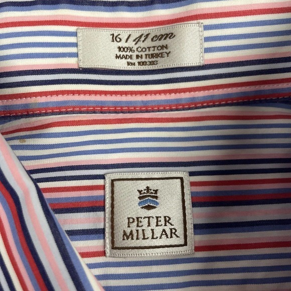 Peter Millar Men Button Down Shirt Size 16 Long Pink Blue Striped Long Sleeve - Picture 5 of 14